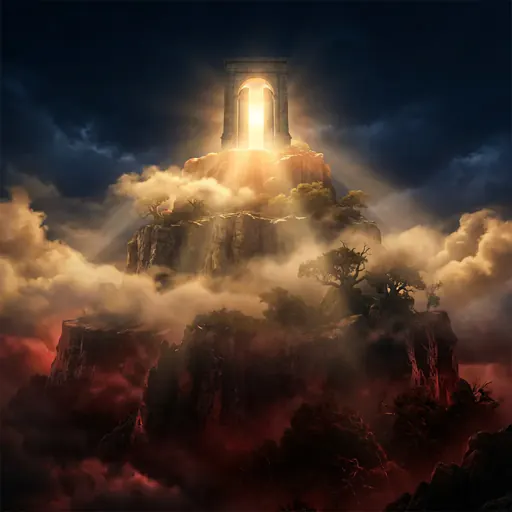 La Montaña Sagrada de la Abundancia Divina, con la cumbre coronada por una puerta de luz abierta