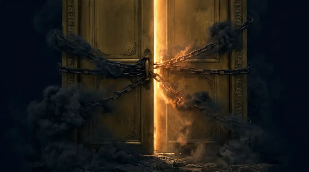 La Sombra — cadenas y humo denso que mantienen cerrada una puerta dorada